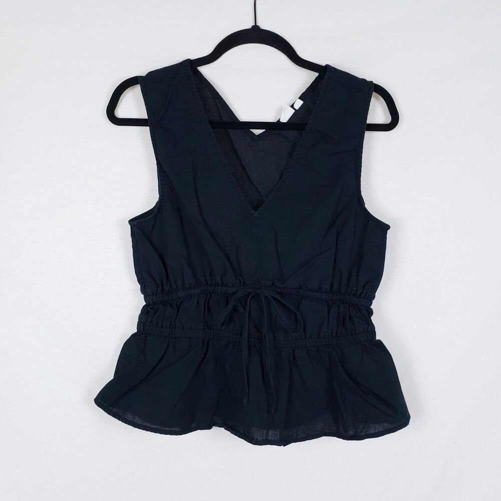 Gap Linen Cotton Minimalist Peplum Top Womens S Black Double Elastic Waist Boho
